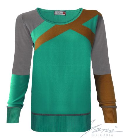 Dreifarbiger Intarsienpullover mit O-Ausschnitt für Damen in Grün