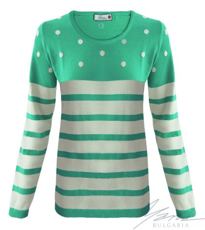 Női kéttónusú intarziás "O" nyakú pulóver zöld