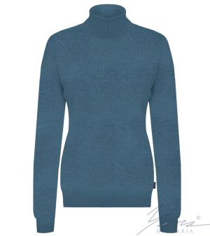 Női gyapjú pulóver, magas nyakú, petrolkék