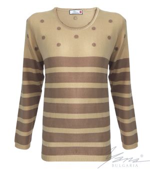 Zweifarbiger Intarsienpullover für Damen mit „O“-Ausschnitt in Beige